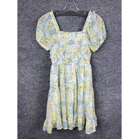 Maden NYC Junior's Green and Blue Floral Smocked Cut-out Mini Dress Puff Sleeve - Picture 7 of 12